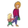 Mother holds daughter by the hand. a woman with a child walk